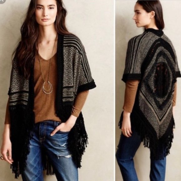 RARE Anthropologie Black Fringe Cardigan Sweater - Picture 1 of 8